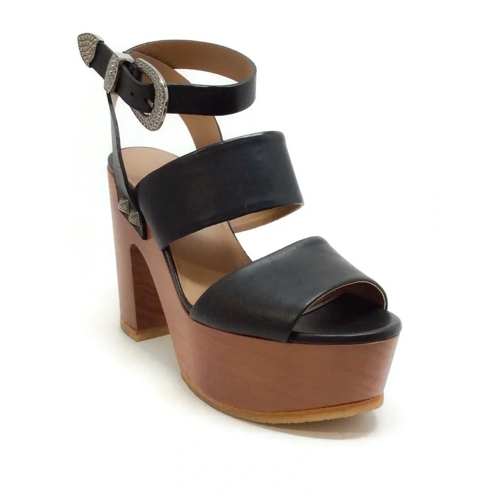 NEW Sonia Rykiel Black Leather/Wood Platforms 38